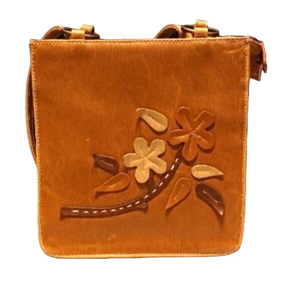 Chateau 3d Floral Small Shoulder Bag Top Handle Bag Purse Leather Brown Tan Boho - Picture 1 of 4